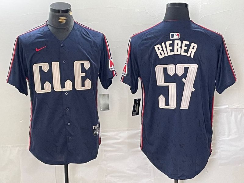 Men Cleveland Indians 57 Bieber Blue City Edition Nike 2024 MLB Jersey style 6